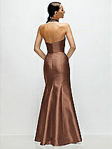 Rear View Thumbnail - Cognac High-Neck Halter Open-Back Satin Trumpet Dress 