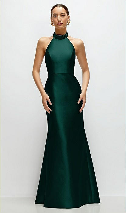 High-neck Halter Open-back Satin Trumpet Bridesmaid Dress In