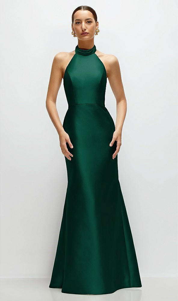 Front View - Hunter Green High-Neck Halter Open-Back Satin Trumpet Dress