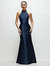 Front View Thumbnail - Midnight Navy High-Neck Halter Open-Back Satin Trumpet Dress