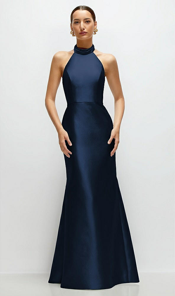 Front View - Midnight Navy High-Neck Halter Open-Back Satin Trumpet Dress