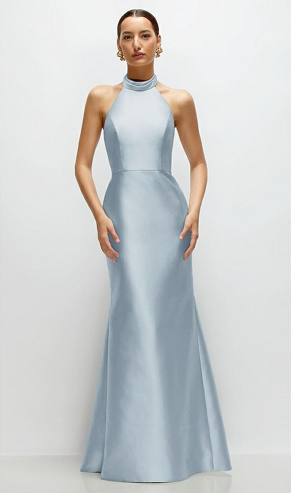 Front View - Mist High-Neck Halter Open-Back Satin Trumpet Dress