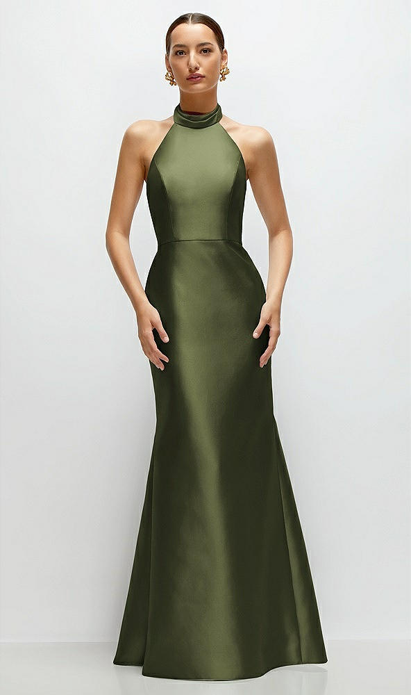 Front View - Olive Green High-Neck Halter Open-Back Satin Trumpet Dress 