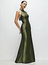 Side View Thumbnail - Olive Green High-Neck Halter Open-Back Satin Trumpet Dress 
