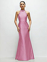 Front View Thumbnail - Powder Pink High-Neck Halter Open-Back Satin Trumpet Dress
