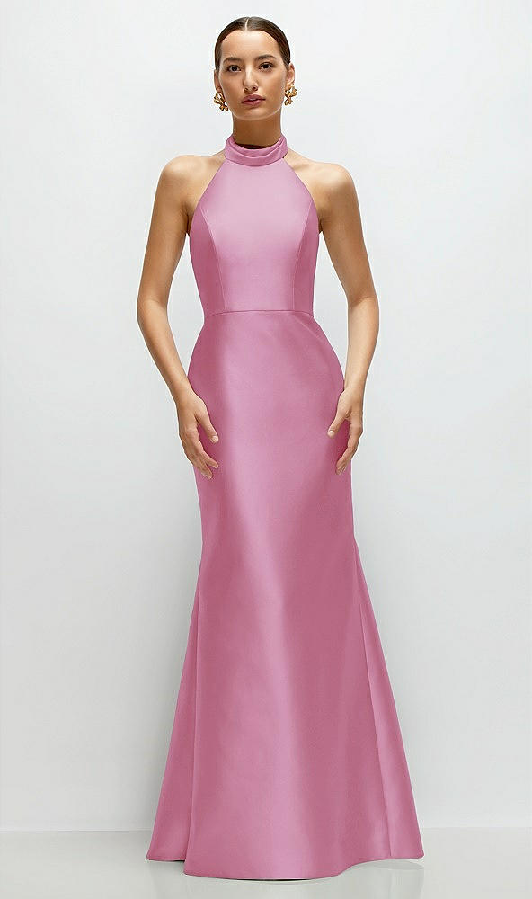 Front View - Powder Pink High-Neck Halter Open-Back Satin Trumpet Dress