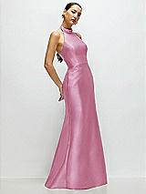Side View Thumbnail - Powder Pink High-Neck Halter Open-Back Satin Trumpet Dress