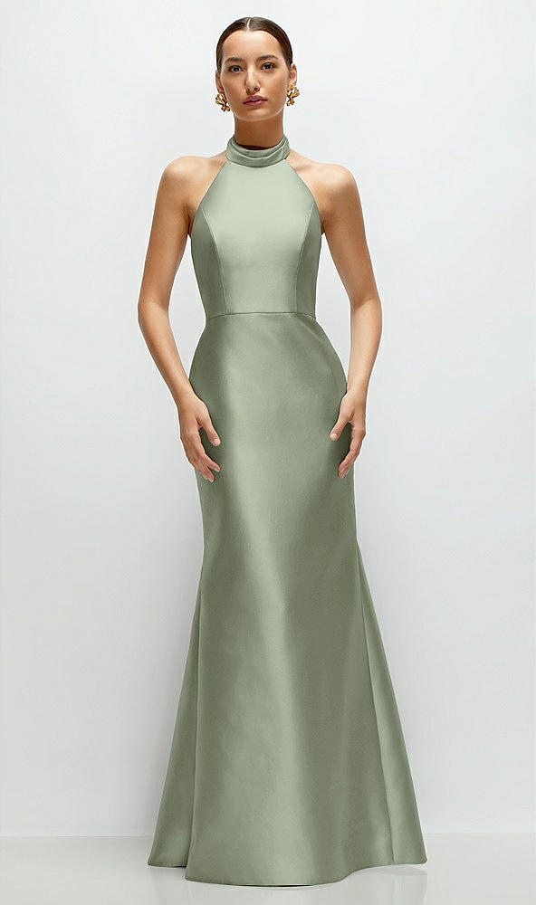 Front View - Sage High-Neck Halter Open-Back Satin Trumpet Dress