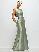 Side View Thumbnail - Sage High-Neck Halter Open-Back Satin Trumpet Dress
