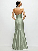 Rear View Thumbnail - Sage High-Neck Halter Open-Back Satin Trumpet Dress