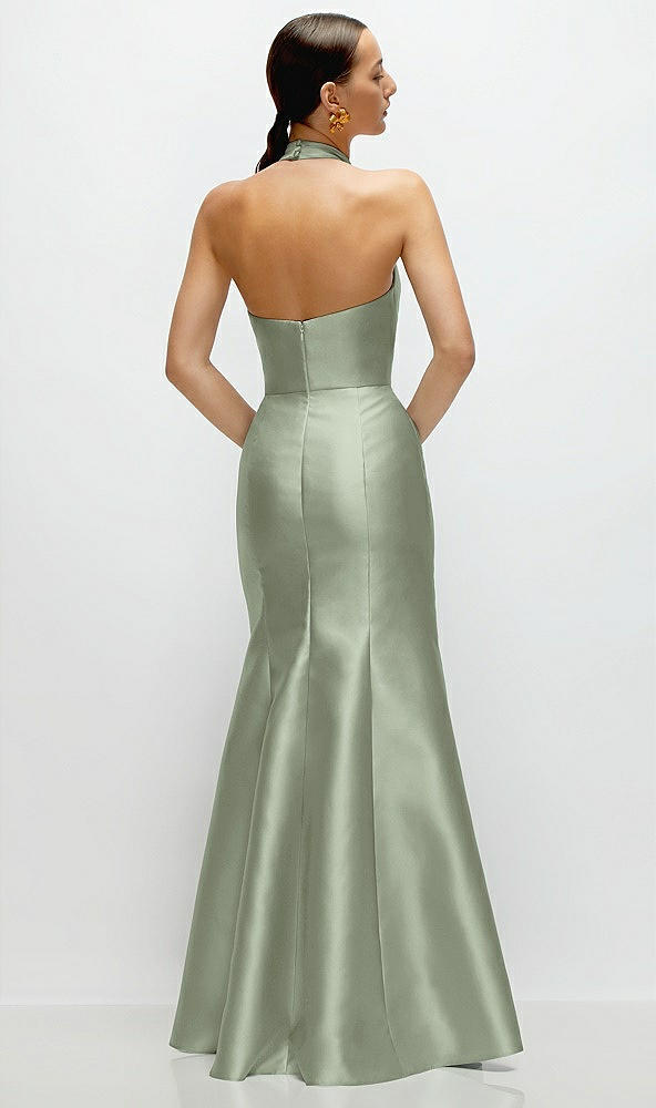 Back View - Sage High-Neck Halter Open-Back Satin Trumpet Dress