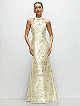 Front View Thumbnail - Butter Yellow Floral High-Neck Halter Open-Back Floral Satin Trumpet Dress 