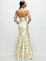 Rear View Thumbnail - Butter Yellow Floral High-Neck Halter Open-Back Floral Satin Trumpet Dress 