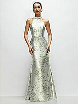 Front View Thumbnail - Sage Cottage Rose High-Neck Halter Open-Back Floral Satin Trumpet Dress