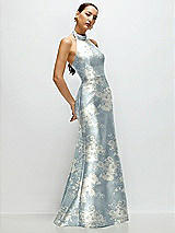 Side View Thumbnail - Porcelain Blue Seraphina Floral High-Neck Halter Open-Back Floral Satin Trumpet Dress