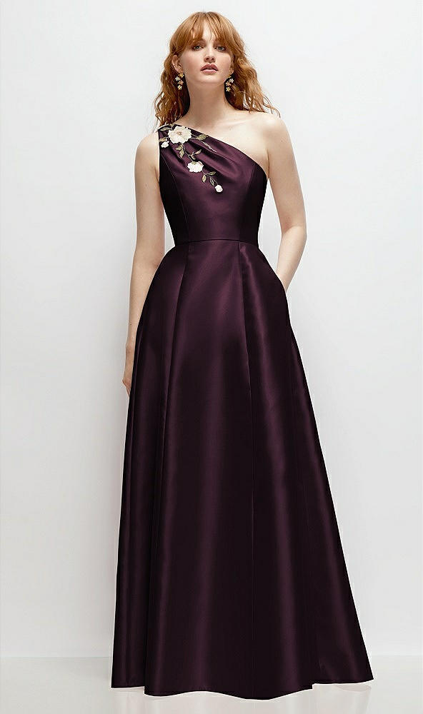 Front View - Deep Plum One-Shoulder Full A-Line Satin Gown with Handworked Floral Appliqué