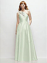 Front View Thumbnail - Mint Green One-Shoulder Full A-Line Satin Gown with Handworked Floral Appliqué