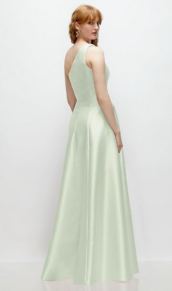 Back View - Mint Green One-Shoulder Full A-Line Satin Gown with Handworked Floral Appliqué