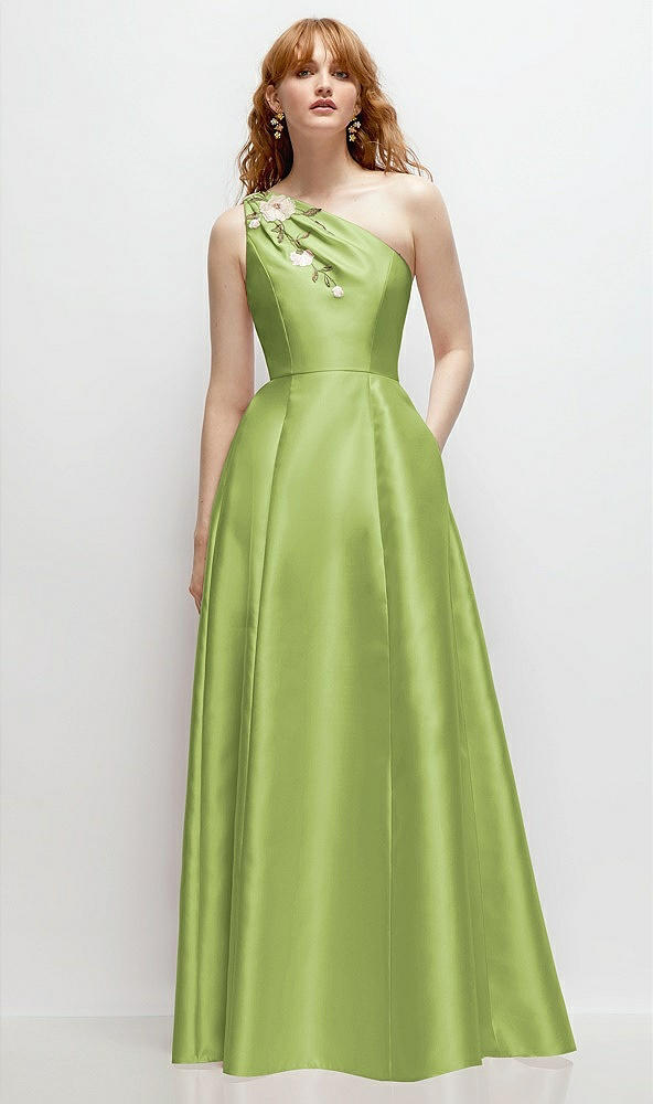 Front View - Mojito One-Shoulder Full A-Line Satin Gown with Handworked Floral Appliqué