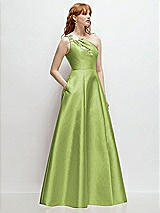 Side View Thumbnail - Mojito One-Shoulder Full A-Line Satin Gown with Handworked Floral Appliqué