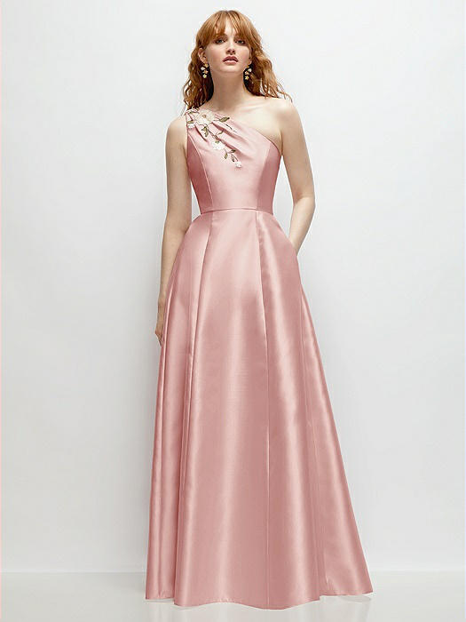 One-Shoulder Full A-Line Satin Gown with Handworked Floral Appliqué