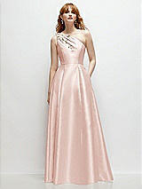 Front View Thumbnail - Blush One-Shoulder Full A-Line Satin Gown with Handworked Floral Appliqué