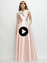 Video 1 Thumbnail - Olive Green One-Shoulder Full A-Line Satin Gown with Handworked Floral Appliqué