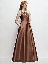 Side View Thumbnail - Cognac One-Shoulder Full A-Line Satin Gown with Handworked Floral Appliqué
