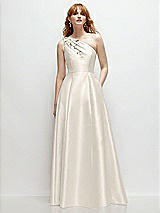 Front View Thumbnail - Ivory One-Shoulder Full A-Line Satin Gown with Handworked Floral Appliqué