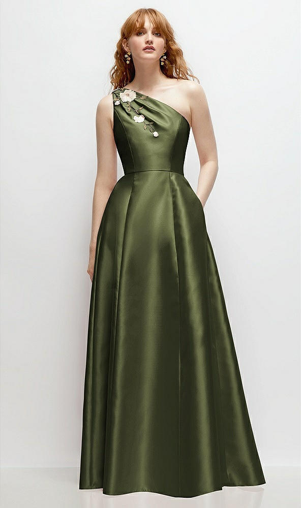Front View - Olive Green One-Shoulder Full A-Line Satin Gown with Handworked Floral Appliqué