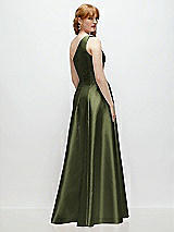 Rear View Thumbnail - Olive Green One-Shoulder Full A-Line Satin Gown with Handworked Floral Appliqué