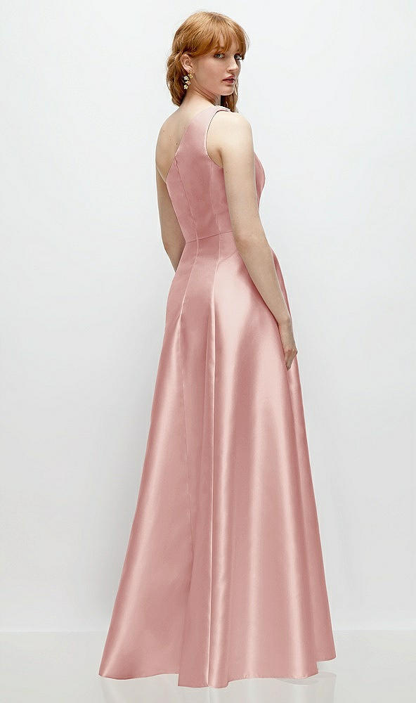 Back View - Rose One-Shoulder Full A-Line Satin Gown with Handworked Floral Appliqué
