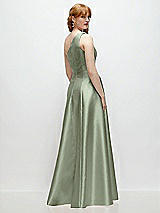 Rear View Thumbnail - Sage One-Shoulder Full A-Line Satin Gown with Handworked Floral Appliqué