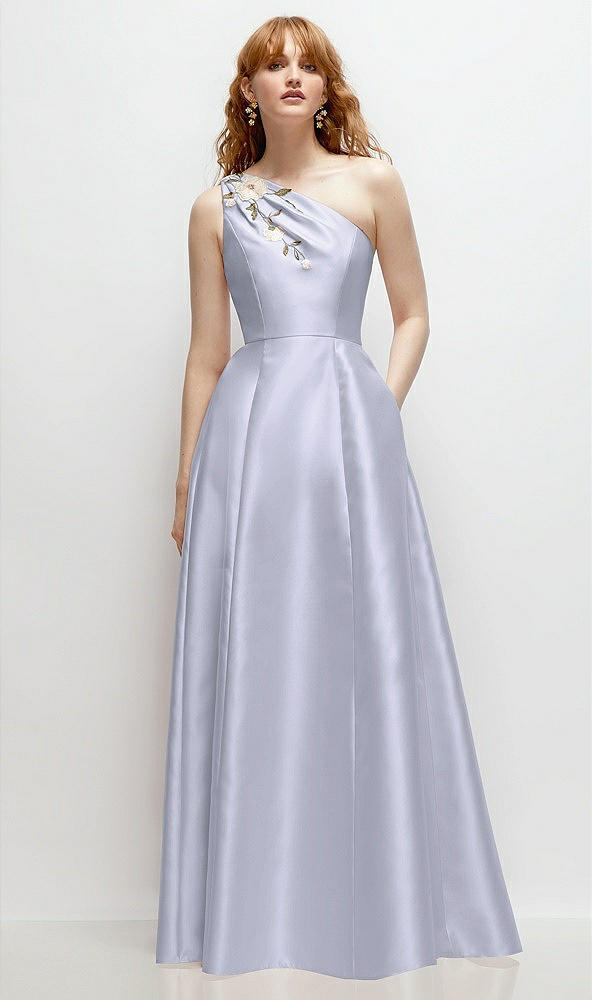Front View - Silver Dove One-Shoulder Full A-Line Satin Gown with Handworked Floral Appliqué