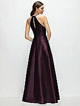 Rear View Thumbnail - Deep Plum Jewel Neck Halter Full A-Line Satin Maxi Dress