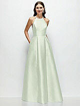 Front View Thumbnail - Mint Green Jewel Neck Halter Full A-Line Satin Maxi Dress