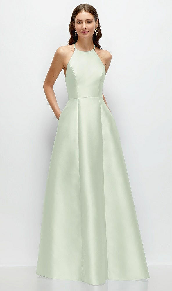 Front View - Mint Green Jewel Neck Halter Full A-Line Satin Maxi Dress