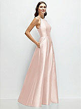 Side View Thumbnail - Blush Jewel Neck Halter Full A-Line Satin Maxi Dress