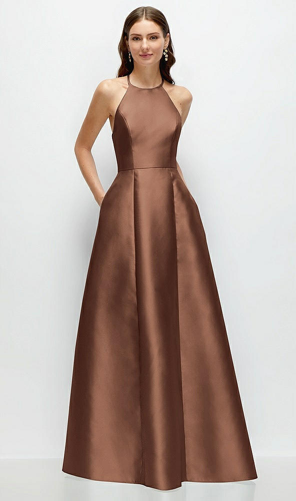 Front View - Cognac Jewel Neck Halter Full A-Line Satin Maxi Dress