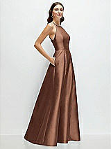 Side View Thumbnail - Cognac Jewel Neck Halter Full A-Line Satin Maxi Dress