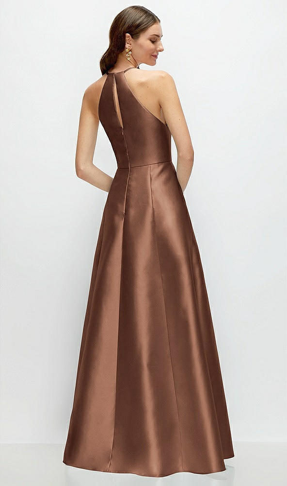 Back View - Cognac Jewel Neck Halter Full A-Line Satin Maxi Dress