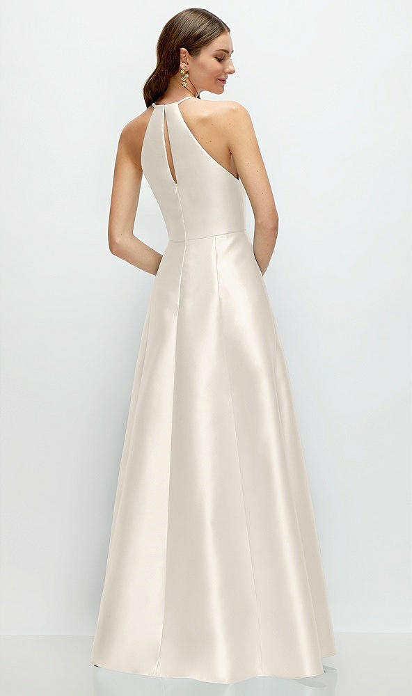 Back View - Ivory Jewel Neck Halter Full A-Line Satin Maxi Dress