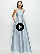 Video 1 Thumbnail - Olive Green Jewel Neck Halter Full A-Line Satin Maxi Dress
