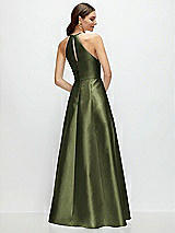 Rear View Thumbnail - Olive Green Jewel Neck Halter Full A-Line Satin Maxi Dress