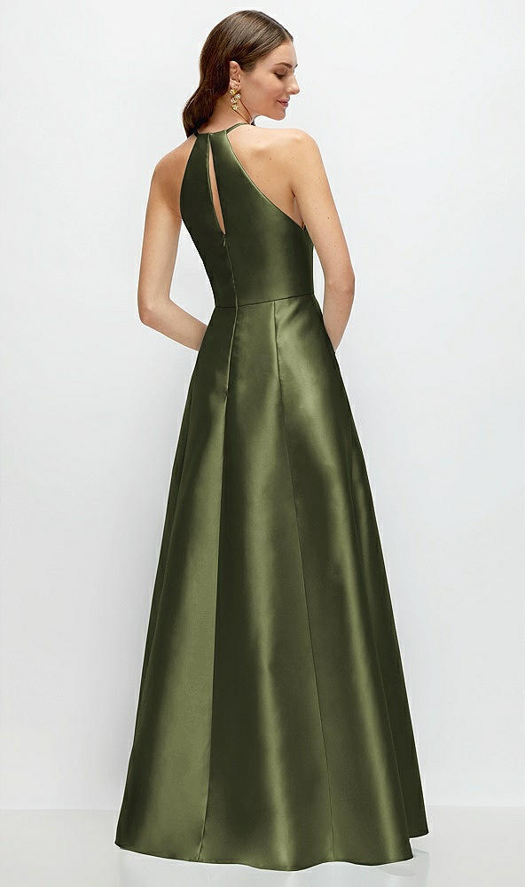 Back View - Olive Green Jewel Neck Halter Full A-Line Satin Maxi Dress