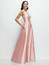 Side View Thumbnail - Rose Jewel Neck Halter Full A-Line Satin Maxi Dress