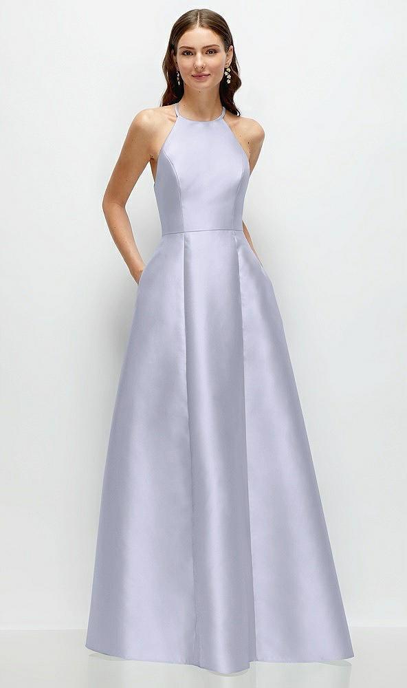 Front View - Silver Dove Jewel Neck Halter Full A-Line Satin Maxi Dress