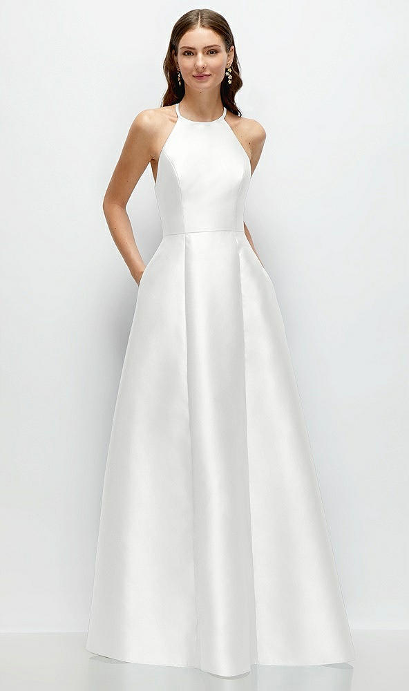 Front View - White Jewel Neck Halter Full A-Line Satin Maxi Dress