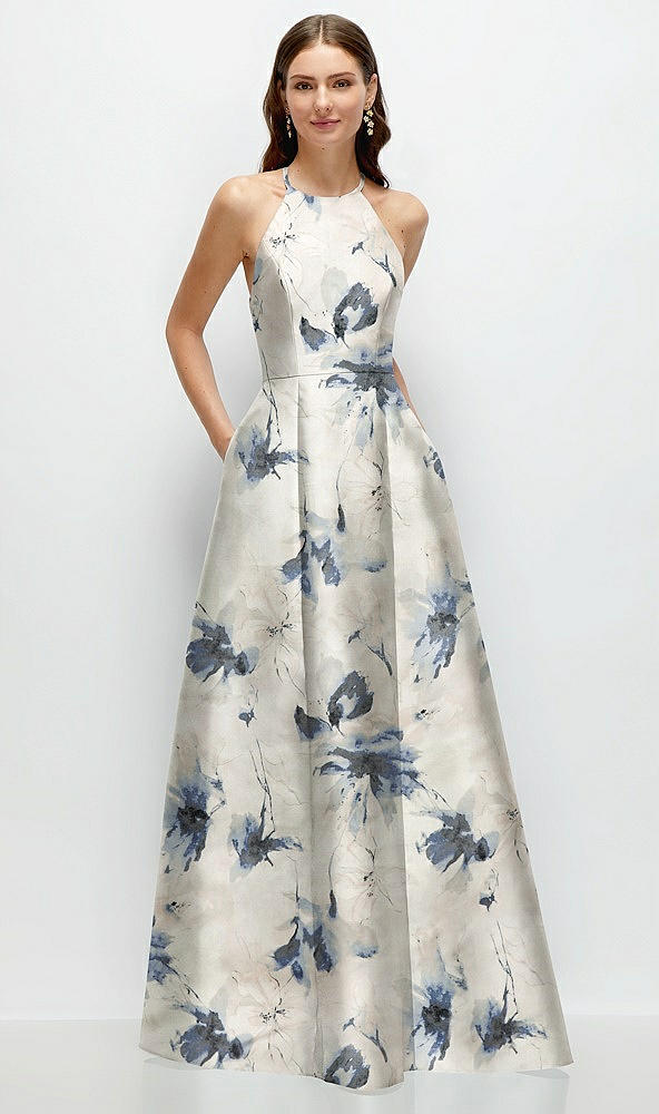 Front View - Inkwash Blue Floral Jewel Neck Halter Full A-Line Satin Floral Maxi Dress