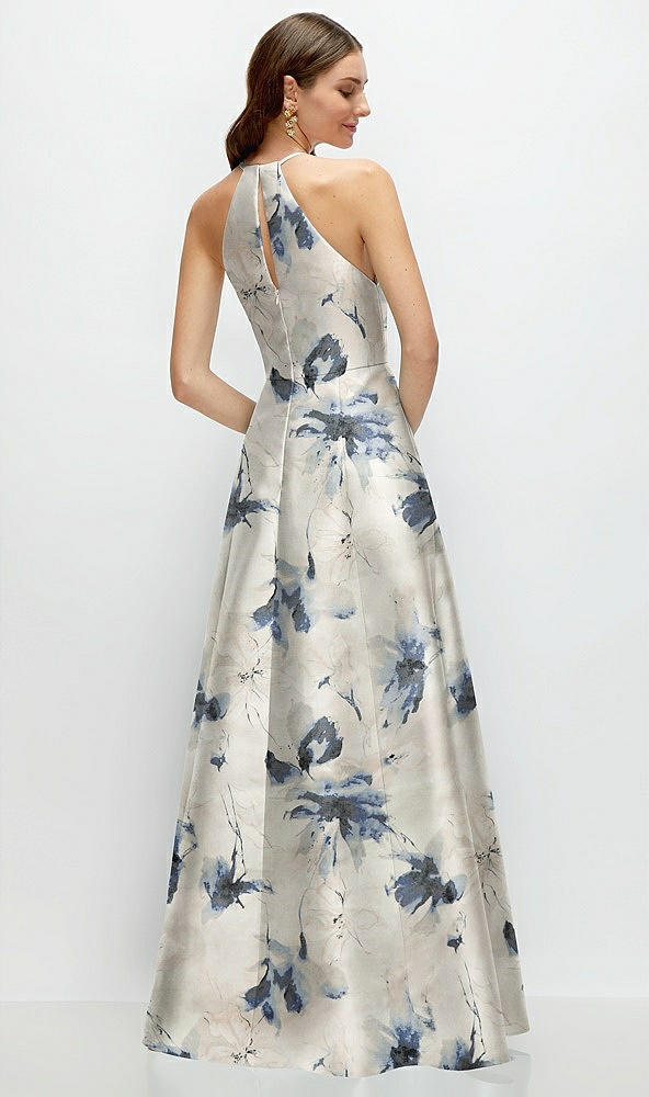 Back View - Inkwash Blue Floral Jewel Neck Halter Full A-Line Satin Floral Maxi Dress